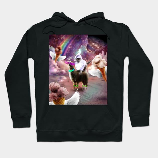 Cat Riding Llama With Flying Space Ice Cream Hoodie by Random Galaxy